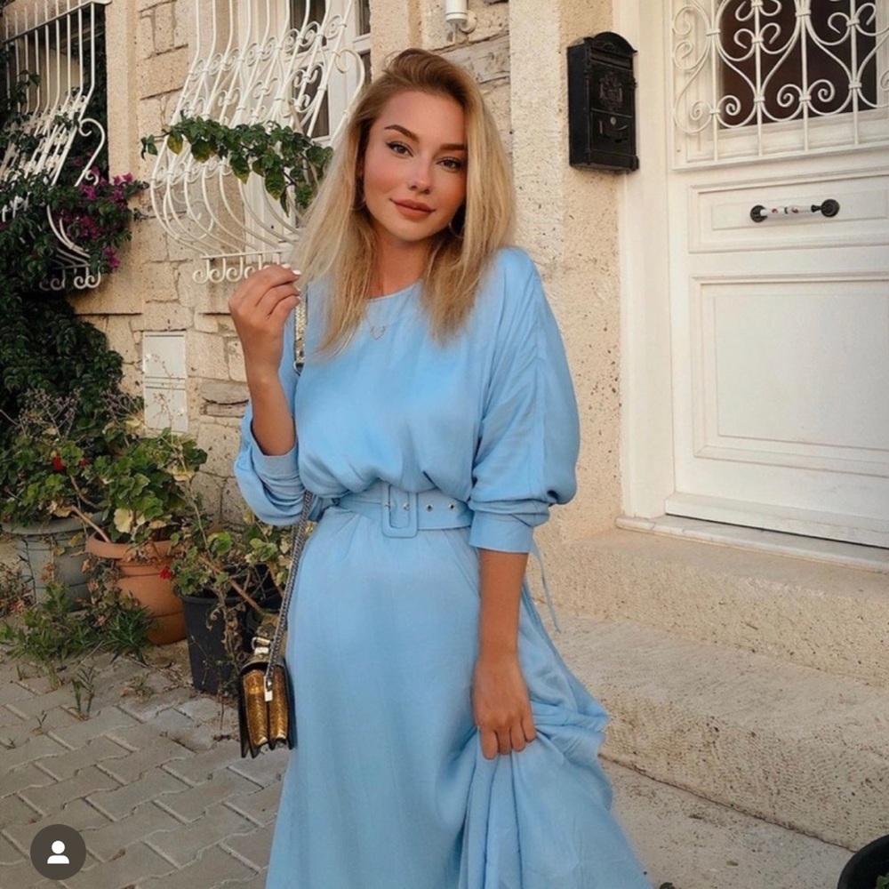 ZARA Baby Blue Belted Satin Effect Midi Dress - Picture 3 of 14